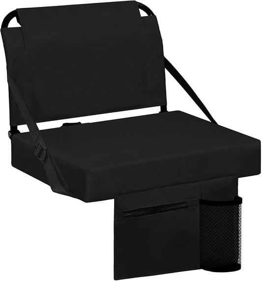 Stadium Seats for Bleachers with Back Support Bleacher Seat Soft Cushion Light Weight Includes Shoulder Strap & Cup Holder, Front & Back Zipper Pocket, Suitable for Sports Events,Black