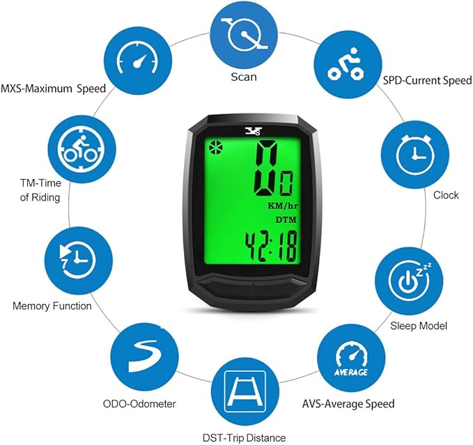 Bicycle Speedometer Waterproof Wireless Cycle Bike Computer Bicycle Odometer with LCD Display & Multi-Functions