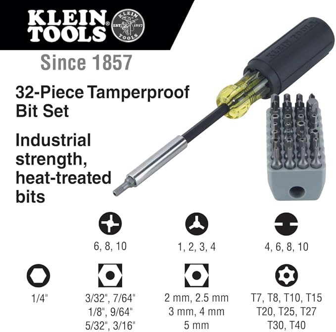 Klein Tools 32510 Magnetic Multibit Screwdriver with Sturdy Torx, Hex, Spanner, Tri-Wing, Torq and Nut Tamperproof Bits and Storage Block