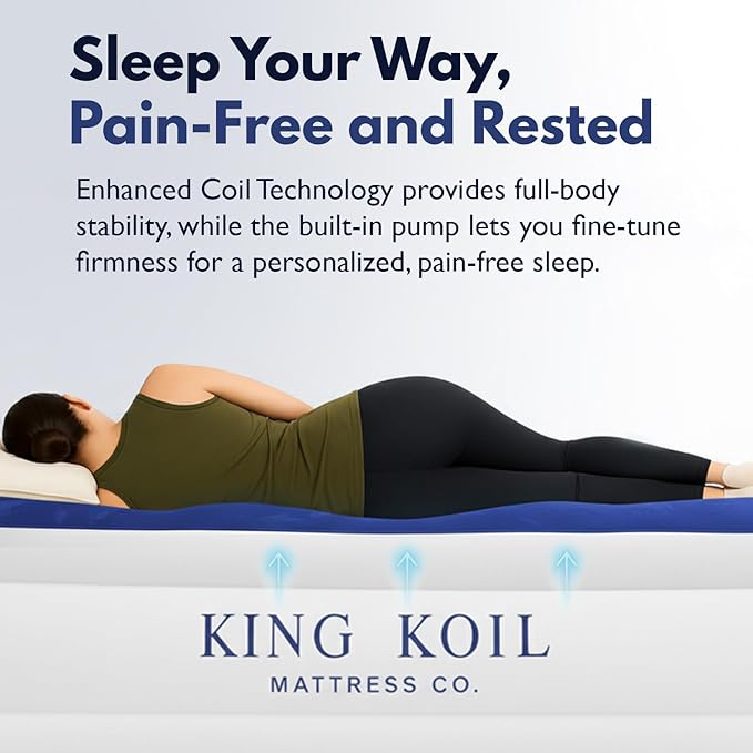 King Koil Luxury Queen Air Mattress with Built-in Pillow & Ultra-Fast Built-in High-Speed Pump, 20″ Inflatable Premium Airbed, Waterproof, Adjustable Firmness, 1-Year Manufacturer Warranty
