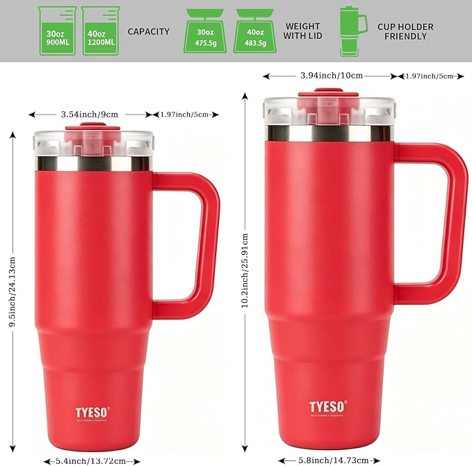 TYESO Vacuum Insulated Tumbler Water Bottle Cold Insulation Stainless Steel Bottle Straw Handle Mug Double Wall Wide Mouth (ROSE RED, 30 oz)