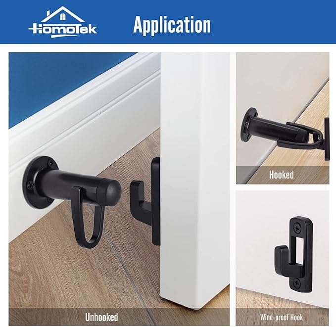 HOMOTEK Heavy Duty Latch Hook Stop Windproof,Door Holder Stopper with Sound Dampening Rubber Bumper Wall Mounted, Black, 1 Pack