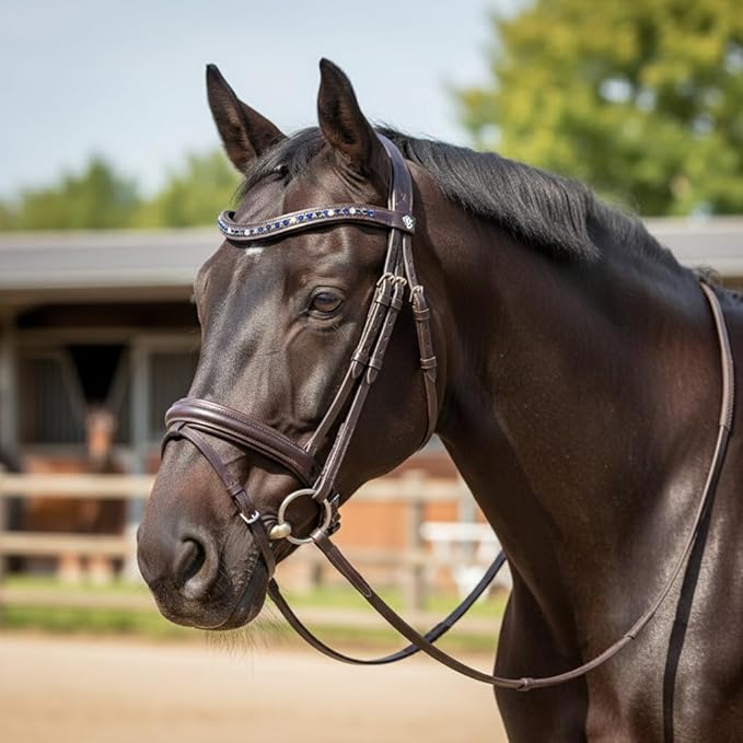 Equine Care Leather English Horse Bridle with Reins, Full Size, Choice of Browband Style, Padded Crown & Cavesson Noseband, Stainless Steel Hardware, Hunter Show Bridle.