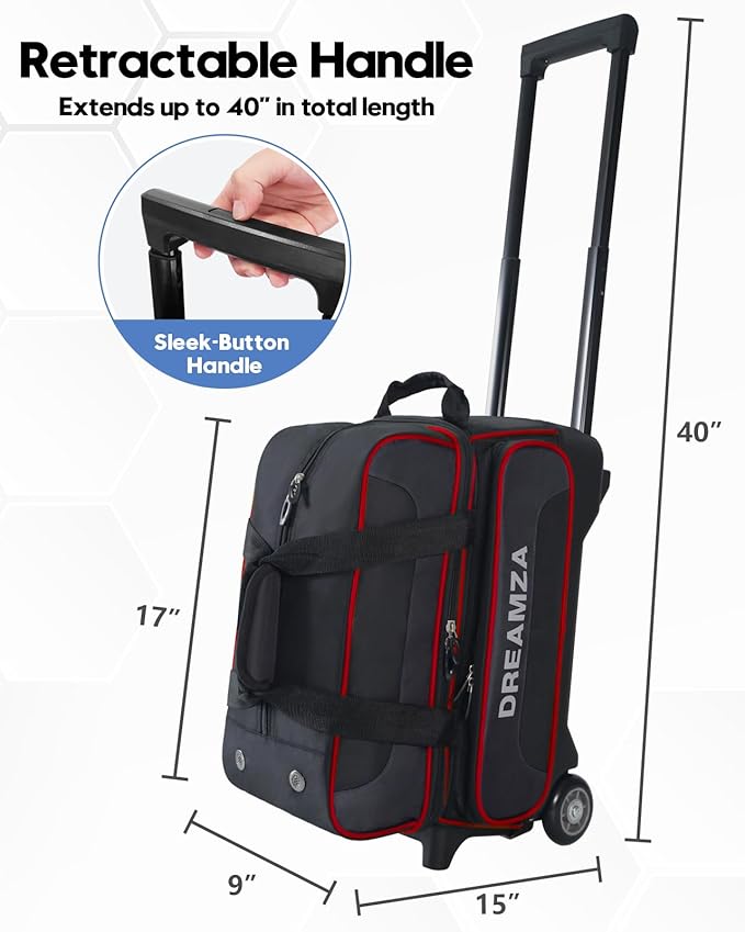 2 Ball Bowling Bag with Wheels, Double Bowling Ball Bag 2 Ball Roller w/Separate Compartment for Shoes Up to US Mens Size 16, w/Retractable Handle Extends to 40" & Accessories Pocket
