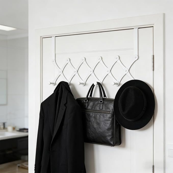 Expands Over The Door Hook Rack, Heavy Duty No Drill Hooks for Bathroom, Bedroom, Kitchen, Closet - Over The Door Hanger for Towels, Robes, Bags, Coats(White)