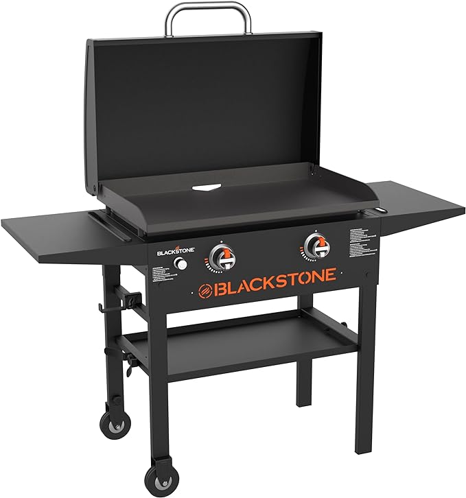 BLACKSTONE 1883 Original 28” Griddle with Integrated Protective Hood and Counter Height Side Shelves, Powder Coated Steel, Black