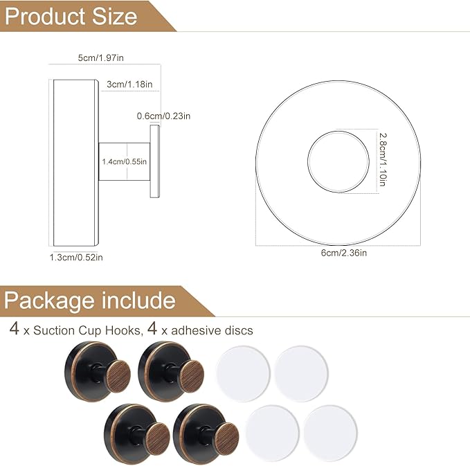 ZESLMG ブロンズ吸盤フック ガラス窓用 シャワーフック シャワー内用 取り外し可能なタオルハンガー バスルーム キッチン 壁 ガラスドア用 リース スポンジ 吸盤フック 吊り下げ用 4個パック