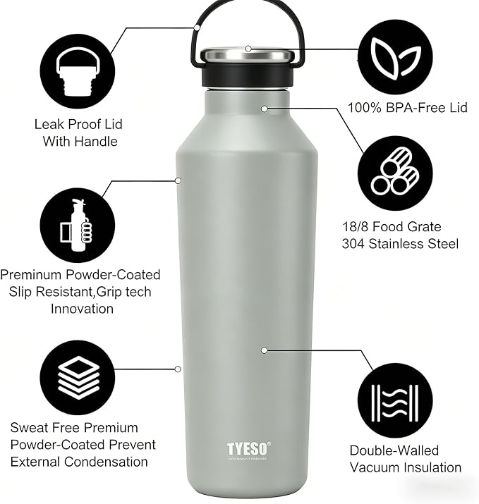 TYESO Stainless Steel Vacuum Insulated Water Bottle, Insulated Water Bottle with Soft Silicone Carry Handle (GRAY, 25 OZ)