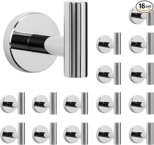 NearMoon Bath Towel Hooks- SUS 304 Stainless Steel Robe Hook Holder, Heavy Duty Coat Hook for Bathroom Livingroom Hotel Kitchen Garage, Wall Mounted (Chrome Finish, 16 Pack)