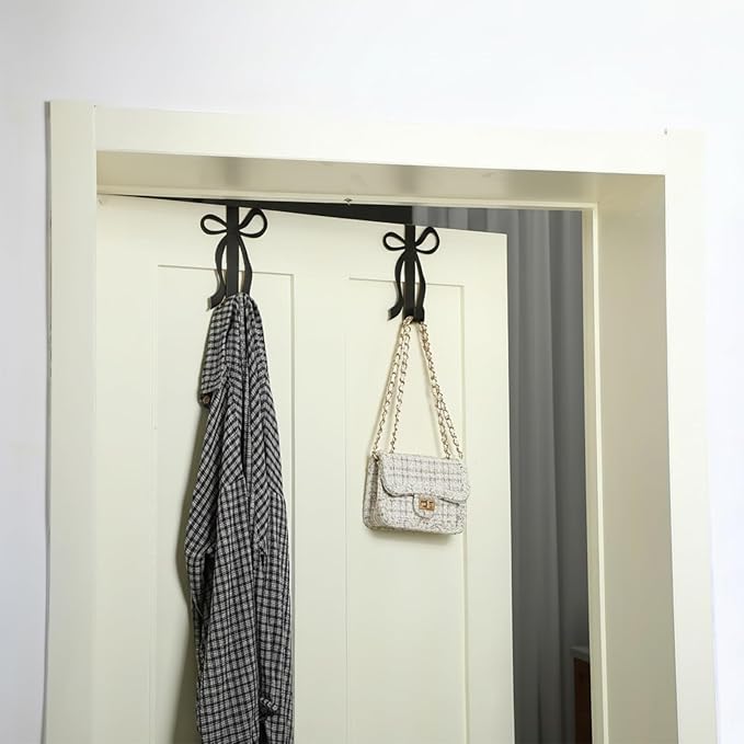 Chunful 2 Pack Black Bow Over The Door Hook, Metal Strong Door Hanger Hook Coquette Room Decor Bow Accessories for Cabinet Living Room Bathroom Bedroom Kitchen Hanging Clothes Towels Hats Coats Bags