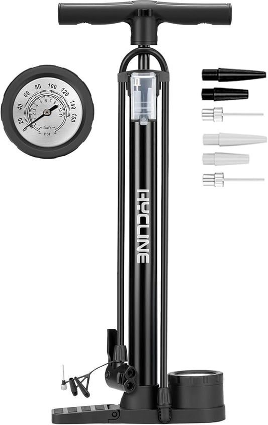 Hycline Bike Floor Pump: Bicycle Tire Pump 160 PSI with Schrader & Presta Valve - High Pressure Air Pumps for Road MTB BMX Hybrid Bikes Tires, Balls, Inflatables