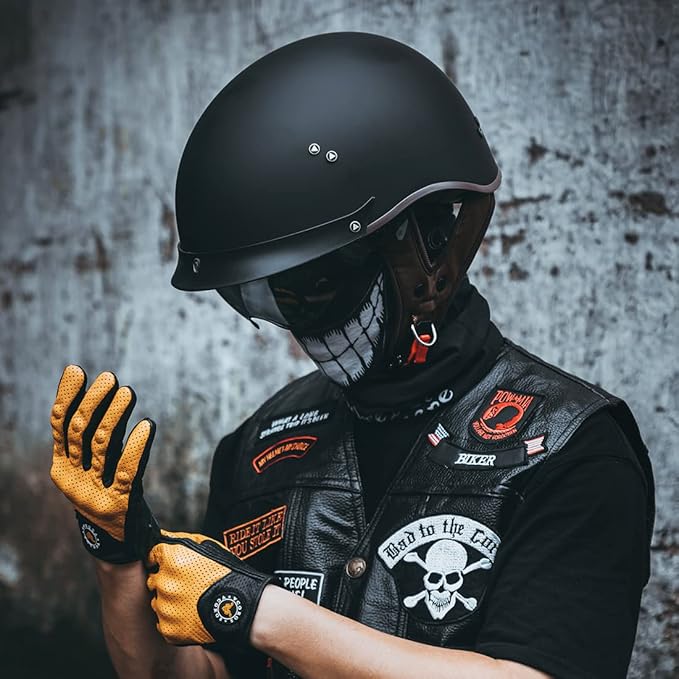 VCOROS Half Helmet Motorcycle DOT Approved Open Face Helmet F07 with Sun Visor and Quick Release Buckle for Adults Men and Women (Matte Black,L)