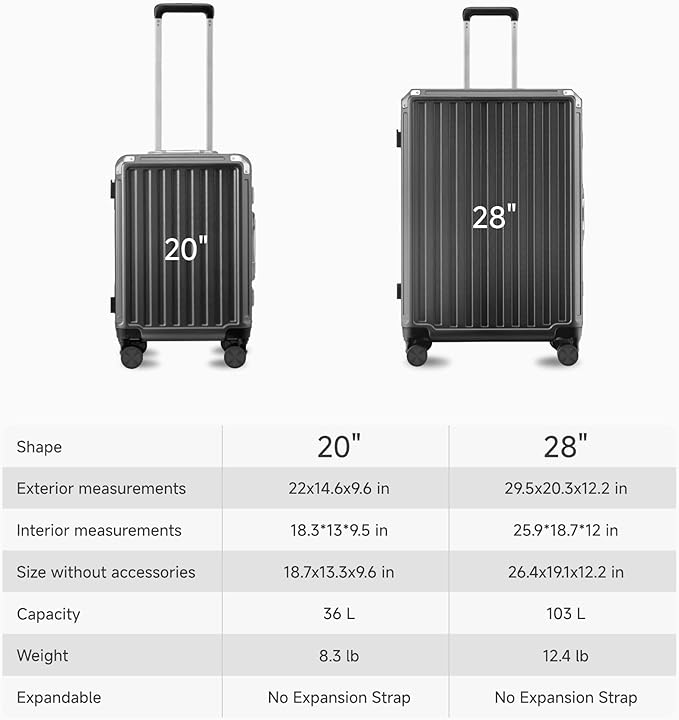 Luggage Sets with Spinner Wheels, 8010S Aluminum Frame Zipperless Polycarbonate Hard Shell Suitcase Sets (ZX-Core, Charcoal Metallic, 2 Piece (20/28))