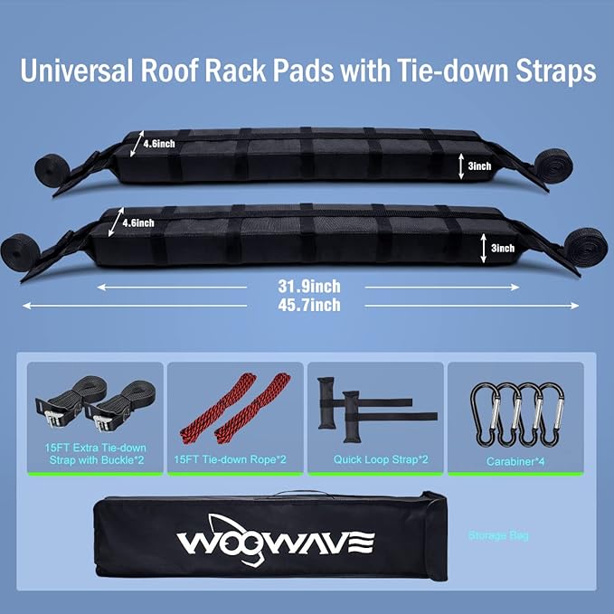 WOOWAVE Premium Kayak Roof Rack Pads Universal Soft Car Roof Rack Carrier for Canoe/Surfboard/Paddleboard/SUP/Snowboard with 6 Tie Down Straps, 2 Tie Down Rope, 2 Quick Loop Strap and Storage Bag