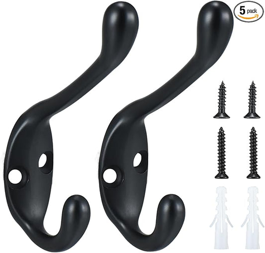 Coat Hooks 5 Pack-Heavy Duty Wall Mounted Matte Black Door Hooks Double Prong Hooks for Hanging Clothes/Towels/Key-Suitable for Bedroom/Bathroom/Entryway and Replaced