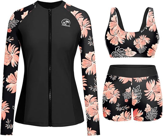 Holipick Long Sleeve Swimsuits for Women - 3 Piece Rash Guard with Shorts Zipper SPF Swim Shirt with Built in Bra