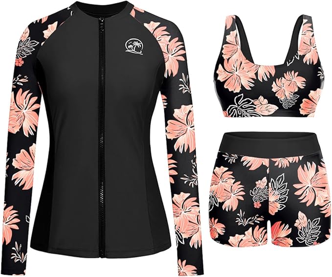 Holipick Long Sleeve Swimsuits for Women - 3 Piece Rash Guard with Shorts Zipper SPF Swim Shirt with Built in Bra