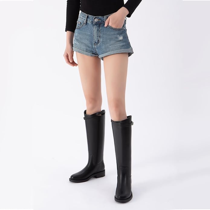 Athlefit Women's Knee High Riding Boots Round Toe Low Heel Tall Boots Pull On Long Booties with Buckle