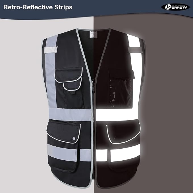 JKSafety 9 Multi-Functional Pockets Zipper Front Safety Vest With Reflective Strips Meet ANSI ISEA Standards (150-Black, X-Large)
