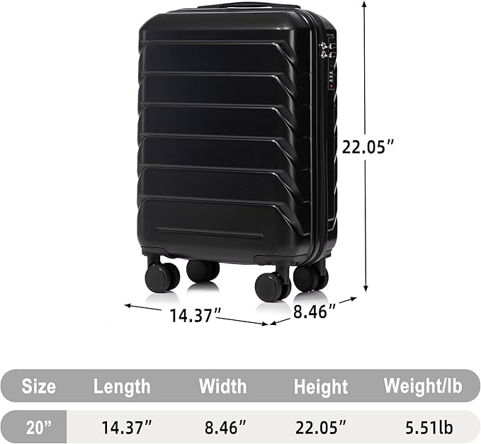 20 Inch ABS Hard Shell Travel Checked Luggage With Combination Lock, Black