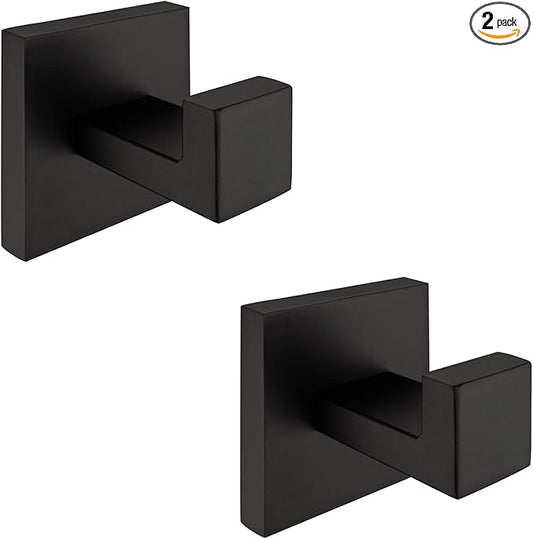 Nolimas Towel Hook Stainless Steel Bathroom Rustproof Clothes Towel Coat Hook Wall Mounted Square Toilet Kitchen, Heavy Duty Door Hanger, 2 Pack, Matte Black