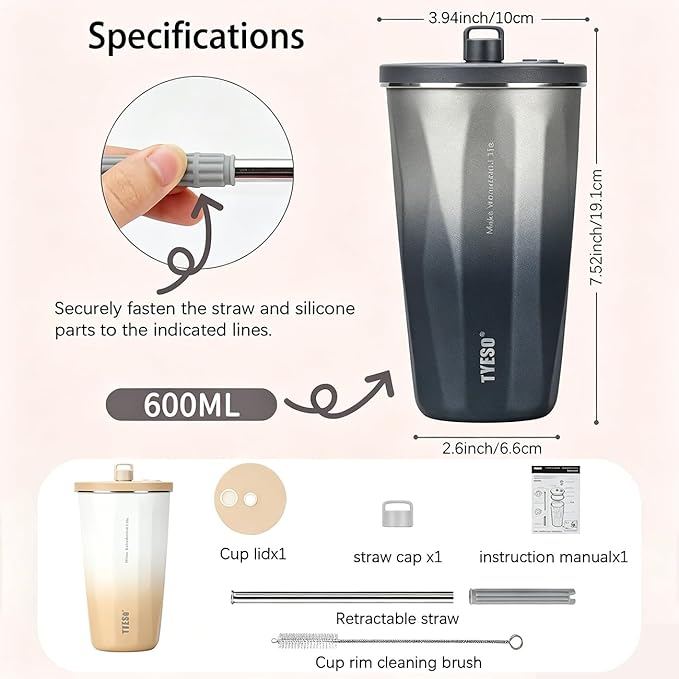 TYESO Stainless Steel Coffee Bottle, 20oz Wide Mouth Travel Coffee Cup with Straw, Vacuum Insulated Stainless Steel Tumbler, Hot & Cold Thermal Mug for Home Office Outdoor, Sliver
