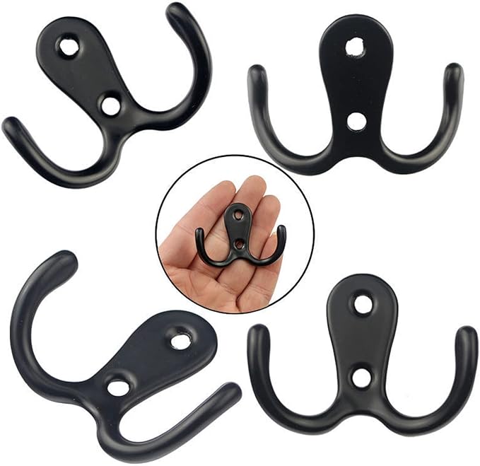 2 Pcs Double Prong Robe Hooks, Dual Coat Hooks Wall Mounted Hanging Clothes for Bathroom Bedroom Door Wall Retro Metal Cloth Hanger Double Coat Hooks with 4 Screws (Black)