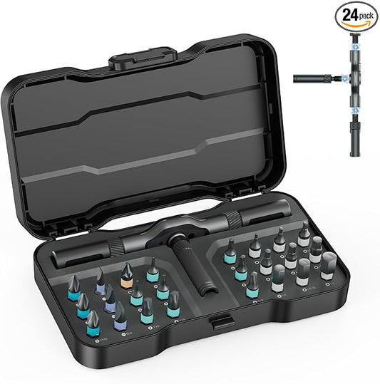 24 in 1 Ratchet Screwdriver Set, Magnetic Ratcheting Screwdriver Set with Detachable T-Handle, Multi Bit Portable DIY Repair Tool Set for Furniture, Computers, Bicycles, Appliances