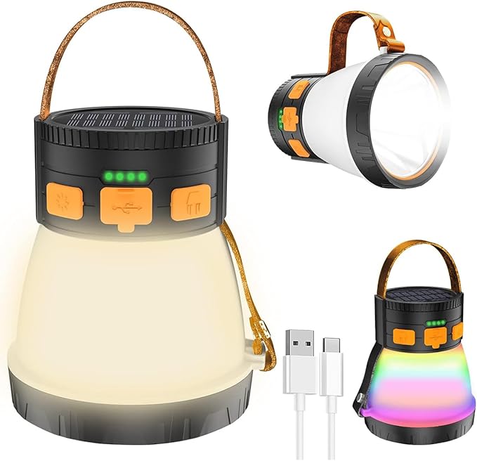LEDキャンプランタン 1500ルーメン スポットライト懐中電灯 ソーラーパネル充電式 防水スポットライト 8点灯モード 7500mAh キャンプ用非常灯 オレンジ＆ブラウン