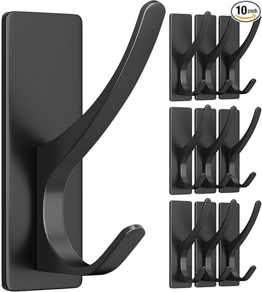 10-Pack Self Adhesive Towel Hooks: Extra Strong 13LB, Stainless Hook for Hanging Loofah, Towels, Coat, Bath Robe Bathroom Shower, Black