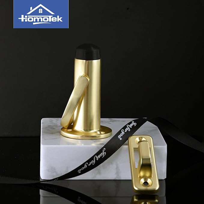 HOMOTEK 1Pack Heavy Duty Door Stopper with Manual Hook Windproof,Door Holder Stop with Sound Dampening Rubber Bumper Wall Mounted, Brushed Brass
