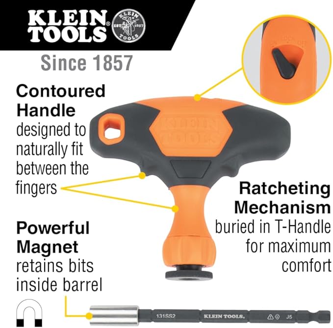 Klein Tools 33804 ProFlex Impact-Rated Interchangeable Ratcheting T-Handle Set, Torsion Zone, Magnetic Bit Holder, SAE, Metric, TORX