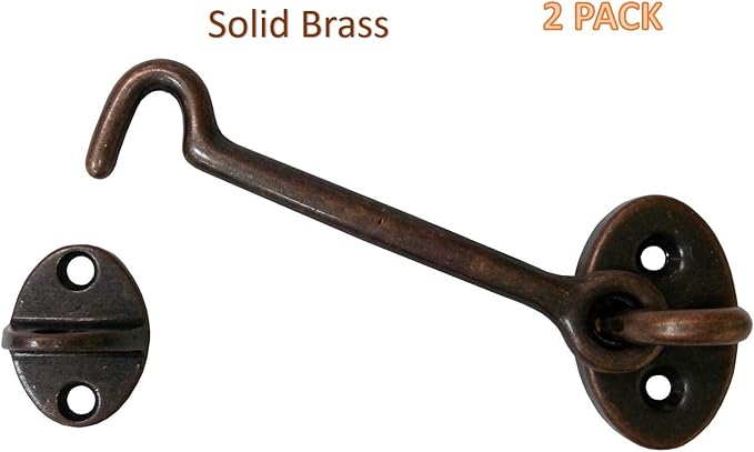 QCAA Heavier Duty Brass Door Hook Latch & Eye, 4", Antique Copper, 2 Pack, Made in Taiwan