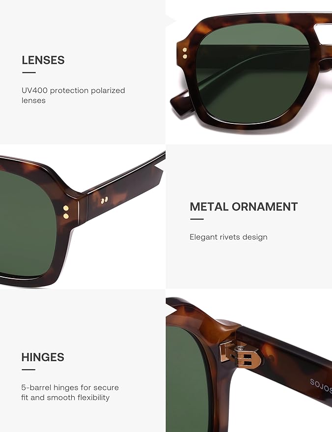 SOJOS Retro Thick Polarized Aviator Sunglasses for Women Men, Large Trendy Bold Square Pilot Shades SJ2385