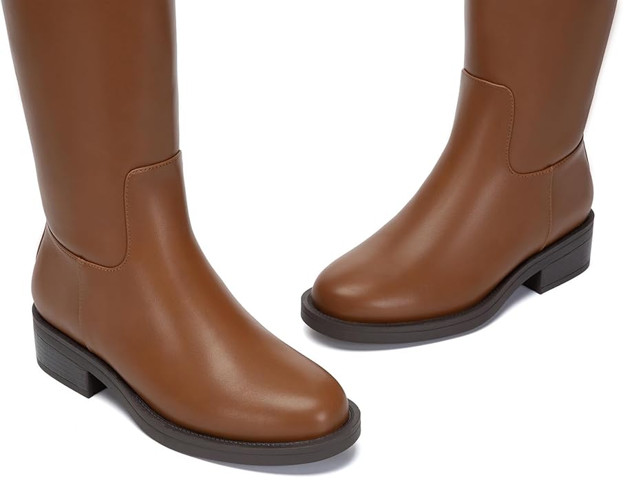 Athlefit Women's Knee High Riding Boots Round Toe Low Heel Tall Boots Pull On Long Booties with Buckle