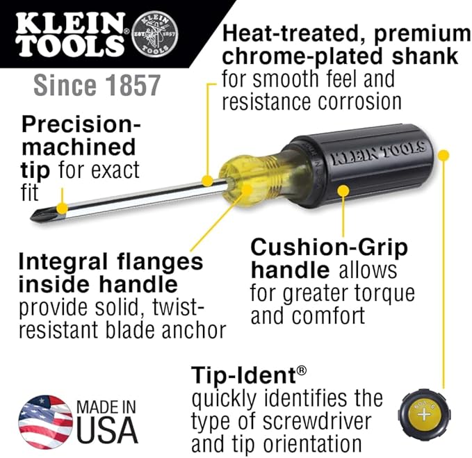 Klein Tools 85076 Screwdriver Set, Made in USA, Slotted and Phillips Screwdrivers with Non-Slip Cushion-Grip Handles and Tip-Ident, 7-Piece