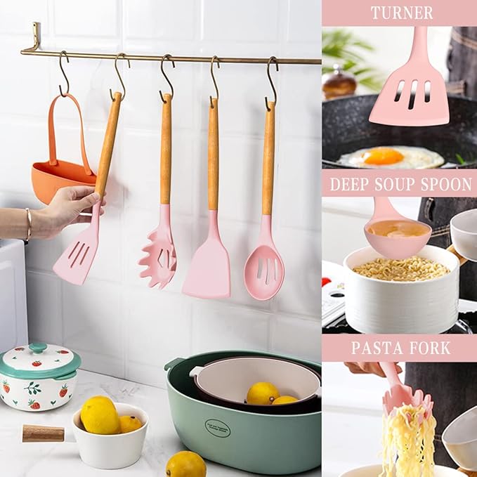 Umite Chef シリコンキッチン用品セット 33点セット ノンスティック 調理器具スタンド付き 木製ハンドル ピンク