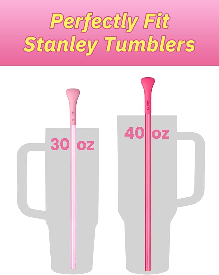 NiHome 6本 シワ防止ストロー シリコン製ワイド平型チップ付き ドリンク用プラスチックストロー Stanley 30oz 40oz タンブラー用 再利用可能 しわにならないプラスチック製ロングストロー ブラシ2本 BPAフリー (ピンクシリーズ)