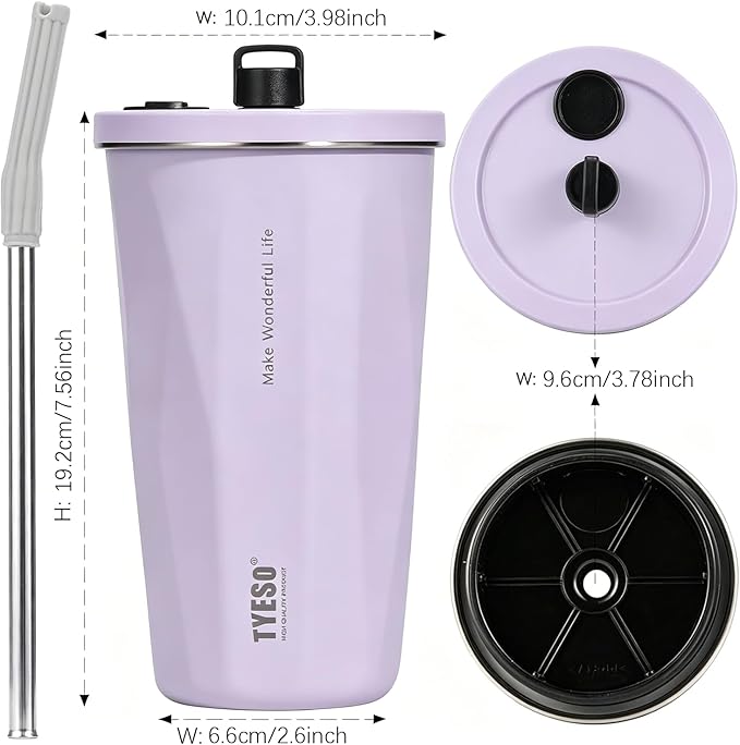 TYESO Stainless Steel Tumbler with straw inside Stainless steel wide-mouth vacuum insulation home office outdoor multi-color thermal insulation and cold insulation cover with 20oz (Purple, 20 oz)