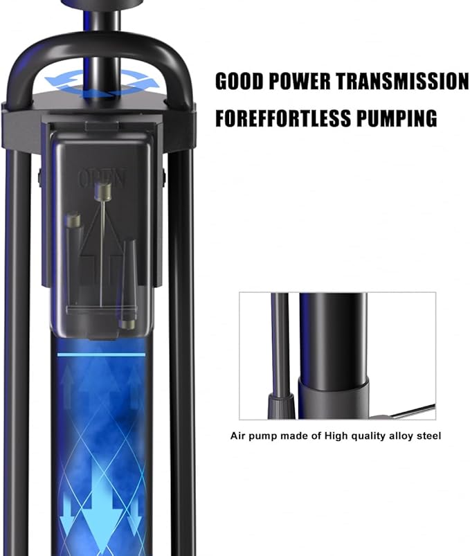 Bike Floor Pump, Bicycle Pump with Dual Presta & Schrader Valve Head, High Pressure Bicycle Tire Inflator, Portable Hand Air Pump for Road & Mountain Bikes, Strollers and Balls