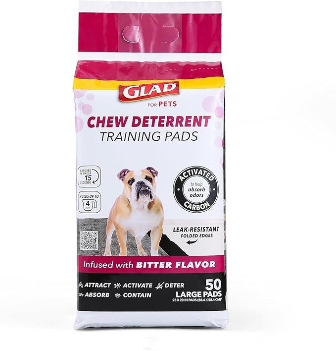 Glad for Pets Activated Carbon Puppy Training Pads with Chew Deterrent and Attractant, Odor Control, 23 x 23 Inch Disposable Dog Pee Pads, 6-Layer Leak-Resistant Potty Pads, 50 Count - 2 Pack