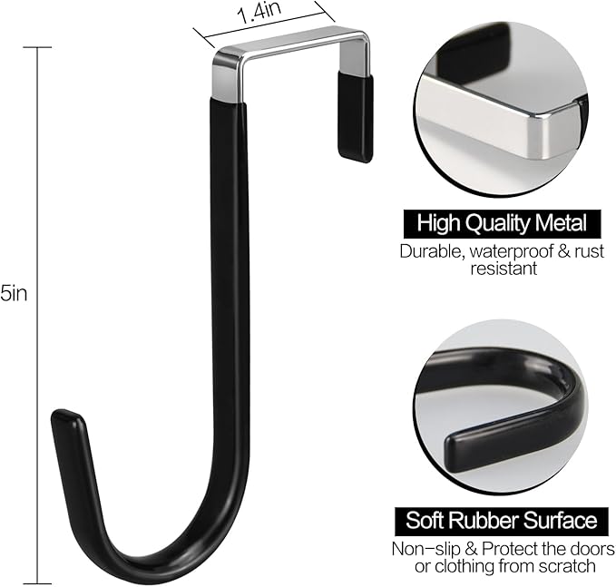 DkOvn 4 Pack Over The Door Hook, Door Hooks, Black Rubber Surface Prevent Scratch Door Hanger Hooks for Bathroom, Living Room, Kitchen, Hanging Clothes, Towels, Bags