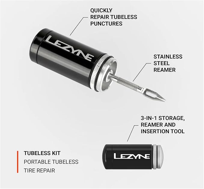 LEZYNE Tubeless Bike Tire Repair Kit - Road, Mountain & Gravel Bicycle Puncture Tool Set - Portable Compact Aluminum Storage Container/Handle with Stainless Steel Reamer & 5 Extra-Tacky Plugs