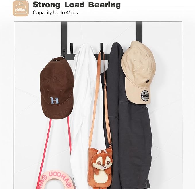 Door Hanger Hook, Over The Door Hooks for Hanging, Over The Door Towel Racks for Bathroom, Over The Door Hanger - 5 Triple Hooks for Towel, Clothes and Hat (Black, 2 Pack), TRI-1P