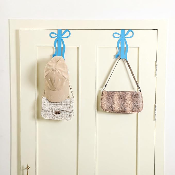 Chunful 2 Pack Bow Over The Door Hook, Metal Strong Door Hanger Hook Coquette Room Decor Bow Accessories for Cabinet Living Room Bathroom Bedroom Kitchen Hanging Clothes Towels Hats Coats Bags(Blue)