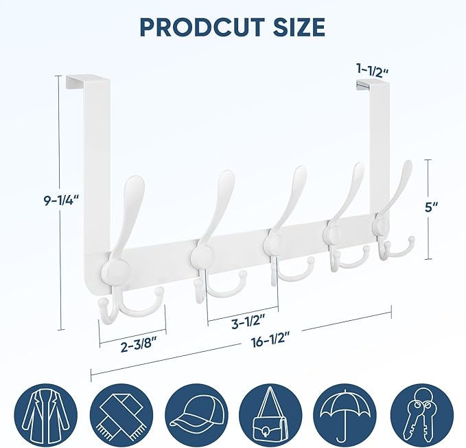 TICONN Over The Door Hooks, 5 Heavy Duty Tri Coat Rack All Metal Coat Hanger for Bathroom Bedroom Dorm (White, 1PK, Fit 1-3/8" Doors)