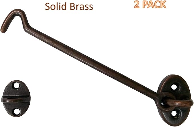 QCAA Heavier Duty Brass Door Hook Latch & Eye, 6", Antique Copper, 2 Pack, Made in Taiwan