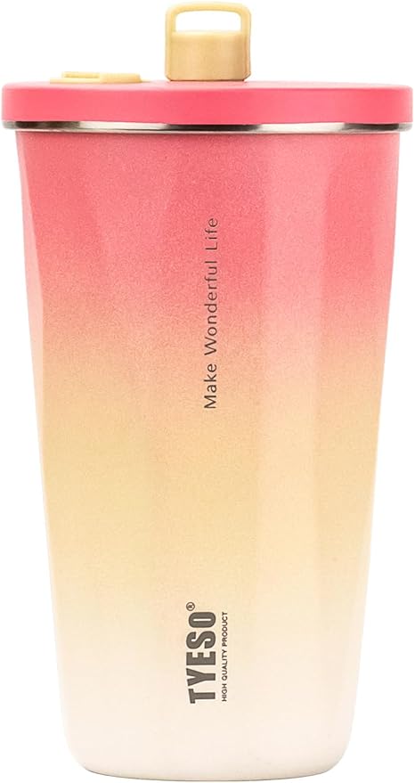 TYESO Stainless Steel Coffee Bottle, 20oz Wide Mouth Travel Coffee Cup with Straw, Vacuum Insulated Stainless Steel Tumbler, Hot & Cold Thermal Mug for Home Office Outdoor, Pink
