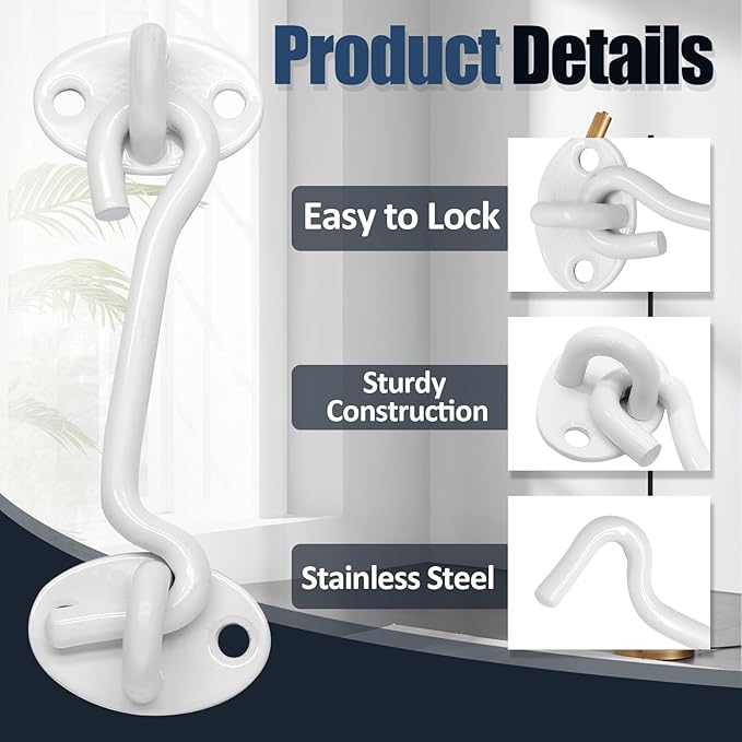 Biaungdo Heavy Duty Hook and Eye Latch, 4 Inch White Privacy Hook Barn Door Lock Easy Lock, Stainless Steel Gate Latch for Doors/Windows/Sheds/Gates/Fences/Closets/Cabinets, 1 Pack