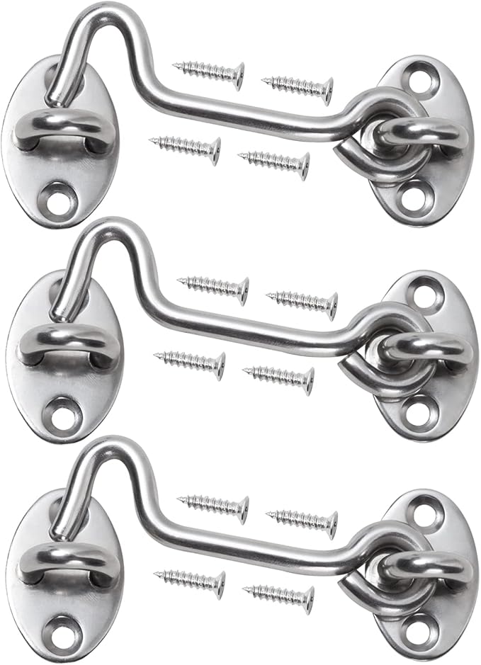 4" Barn Door Latch Door Lock Hardware, Sliding Door Lock Eye Hook Latch with Screws, Rust-Resistant Metal Gate Latch, Privacy Hooks Latch for Inside Door, Wooden Fence, Garage Door (3 Pack)